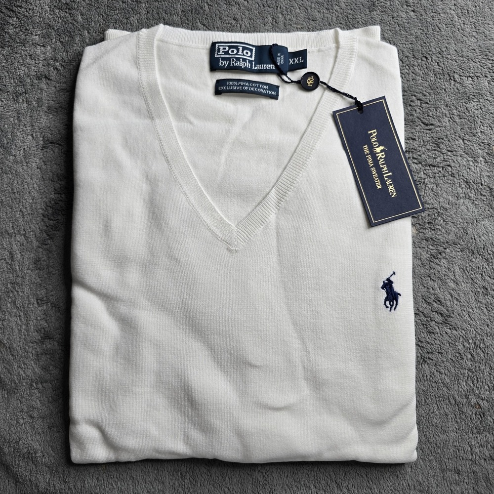 NWT Polo Ralph Lauren V-Neck Pima Sweater Mens XXL White Cotton L/S Navy Pony